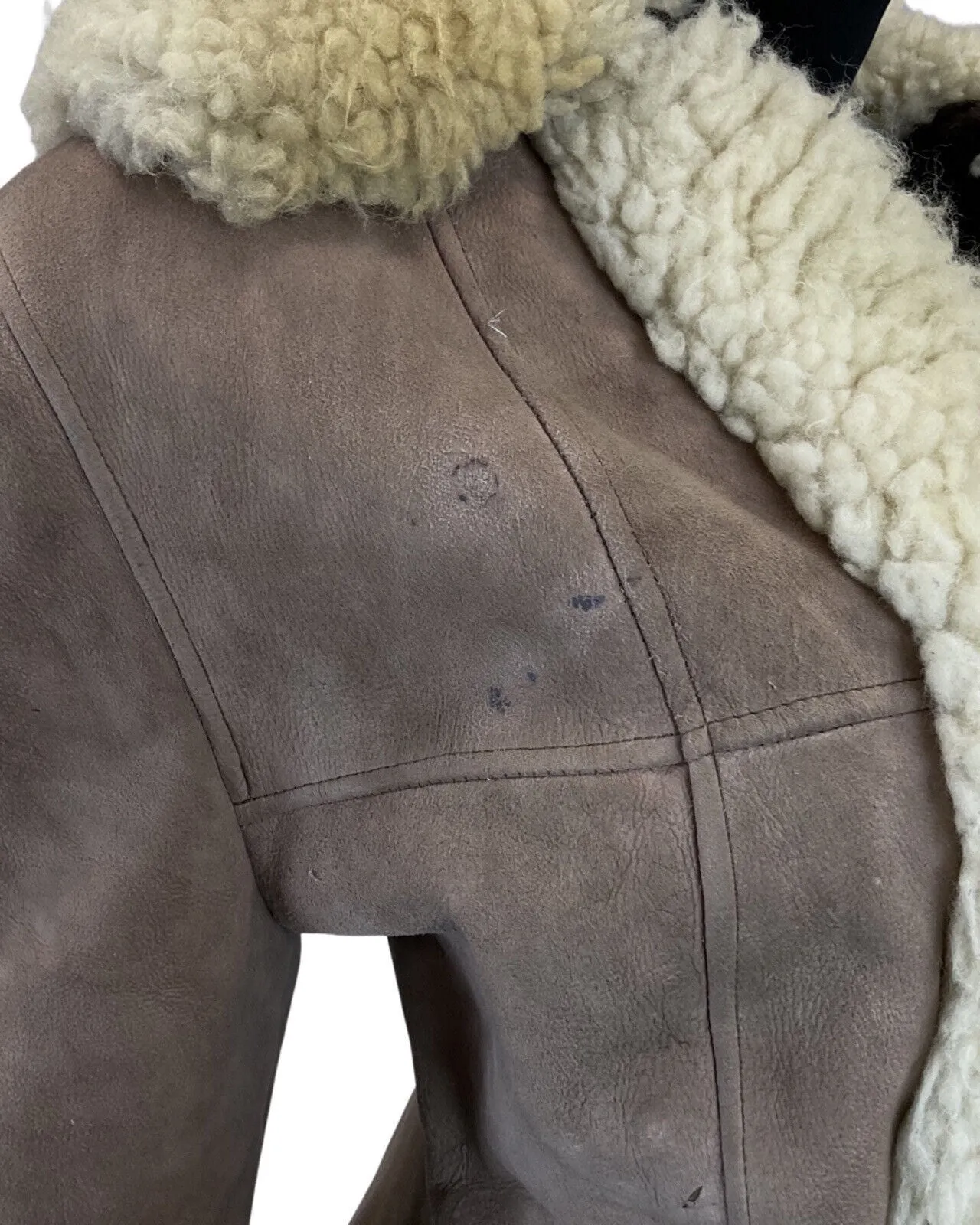 **VINTAGE 60s 70s PEANUT BROWN CREAM SUEDE BOHO PENNY LANE SHEARLING COAT 14 16