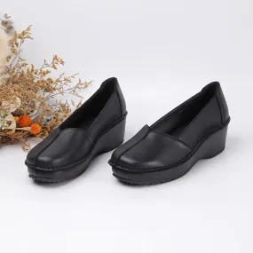 Wide Fit Soft Leather Loafers for Women Wedge Heel in Black/Apricot Wide Fit Soft Leather Loafers for Women Wedge Heel in Black/Apricot