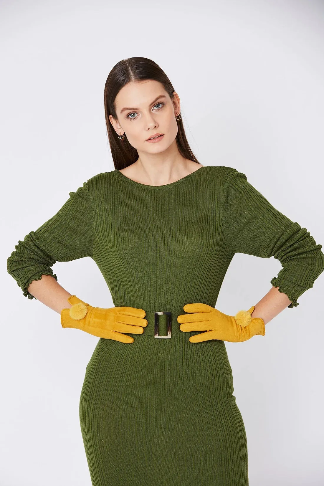 Yellow Faux Suede Gloves With Faux Fur Pom